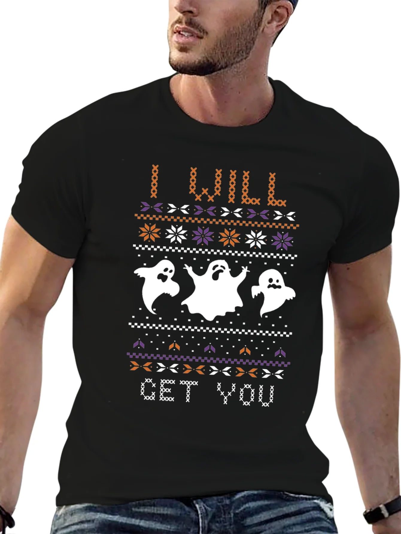 Halloween Ghost Sweater Pattern Black T-Shirt