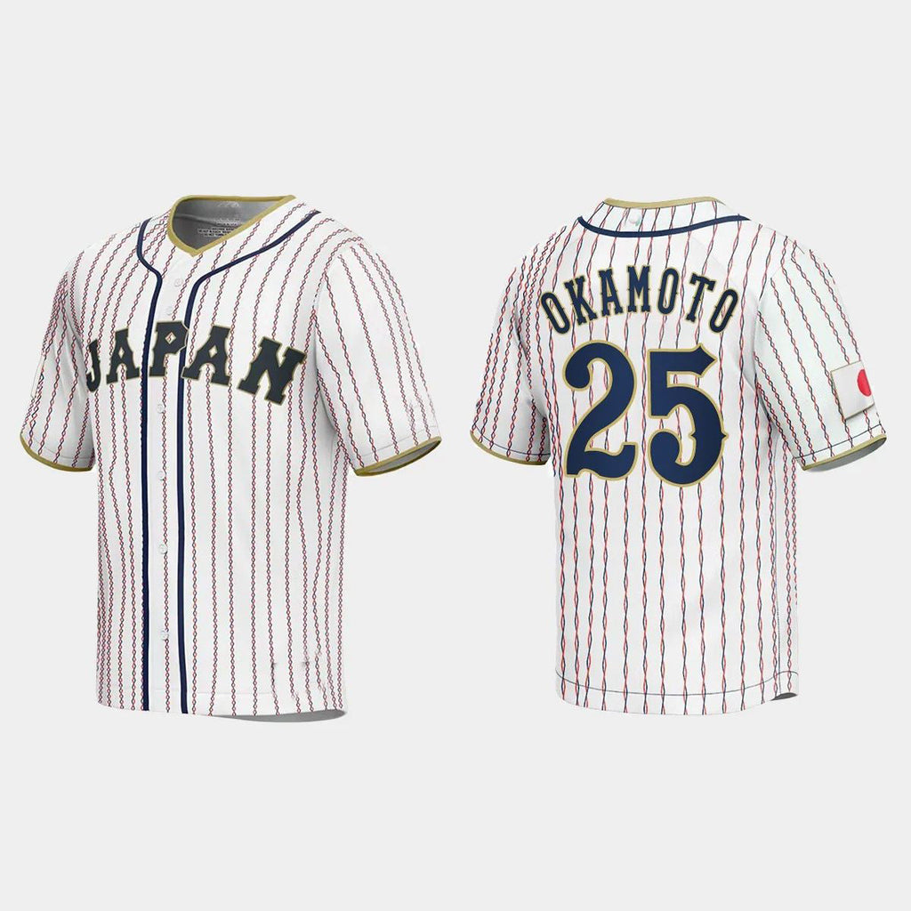#25 KAZUMA OKAMOTO JAPAN BASEBALL 2023 WORLD BASEBALL CLASSIC JERSEYC WHITE Stitches Baseball Jerseys