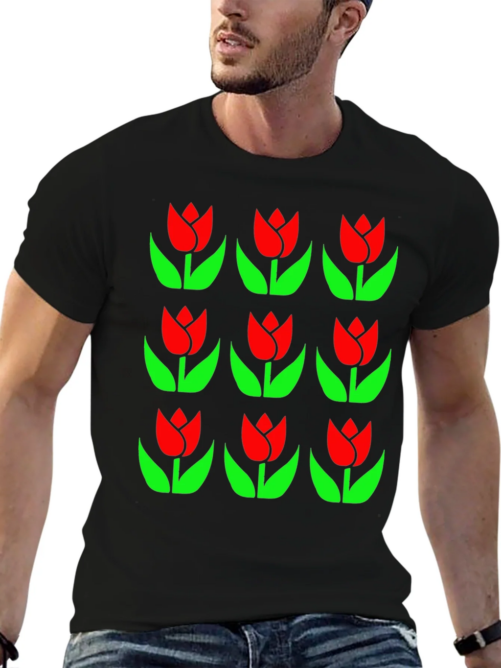 Tulip Pattern Black T-Shirt