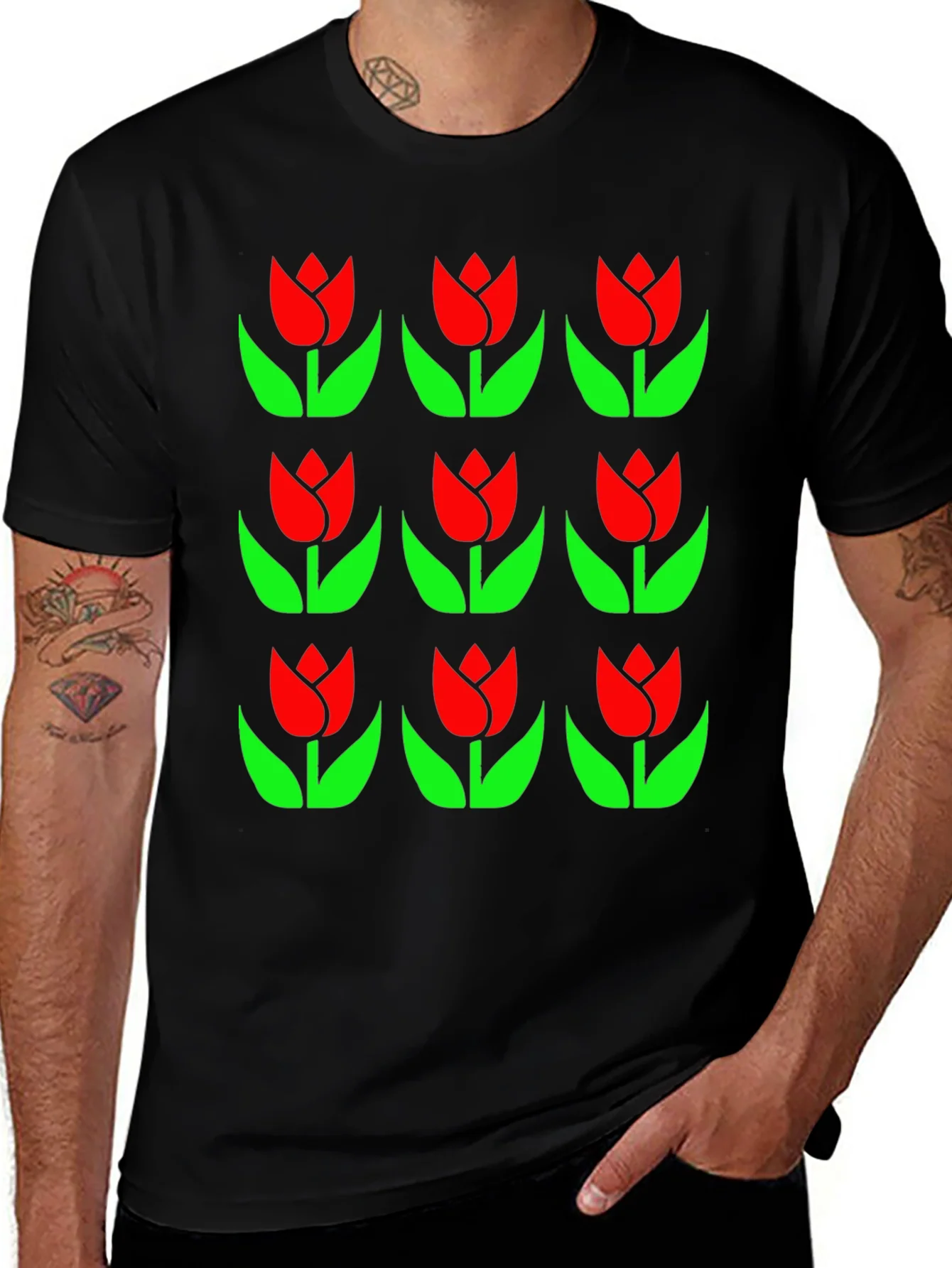 Tulip Pattern Black T-Shirt