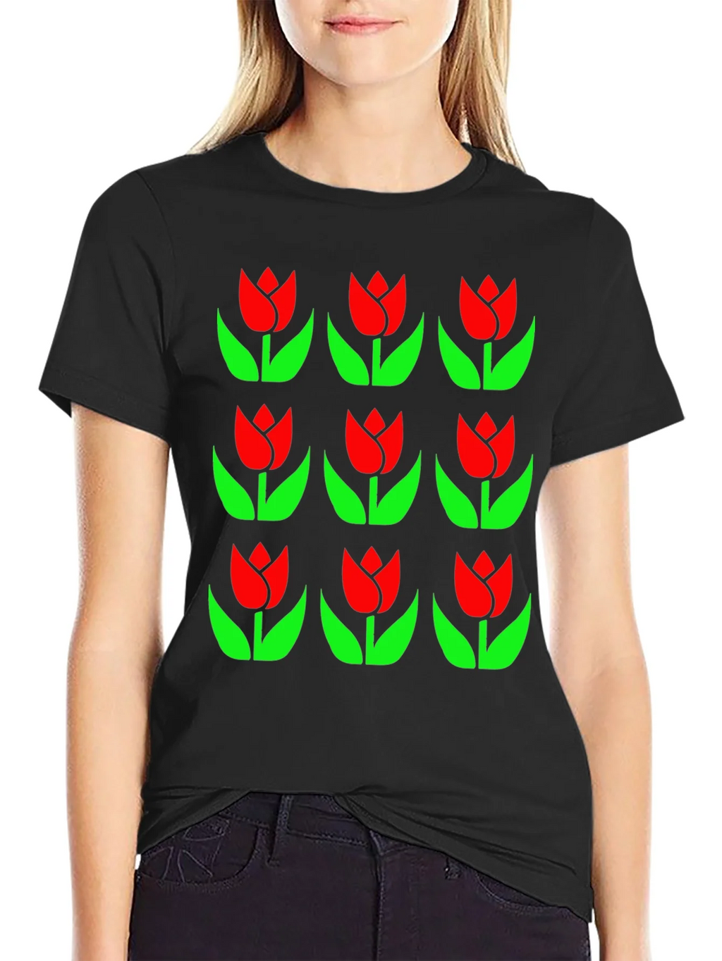 Tulip Pattern Black T-Shirt