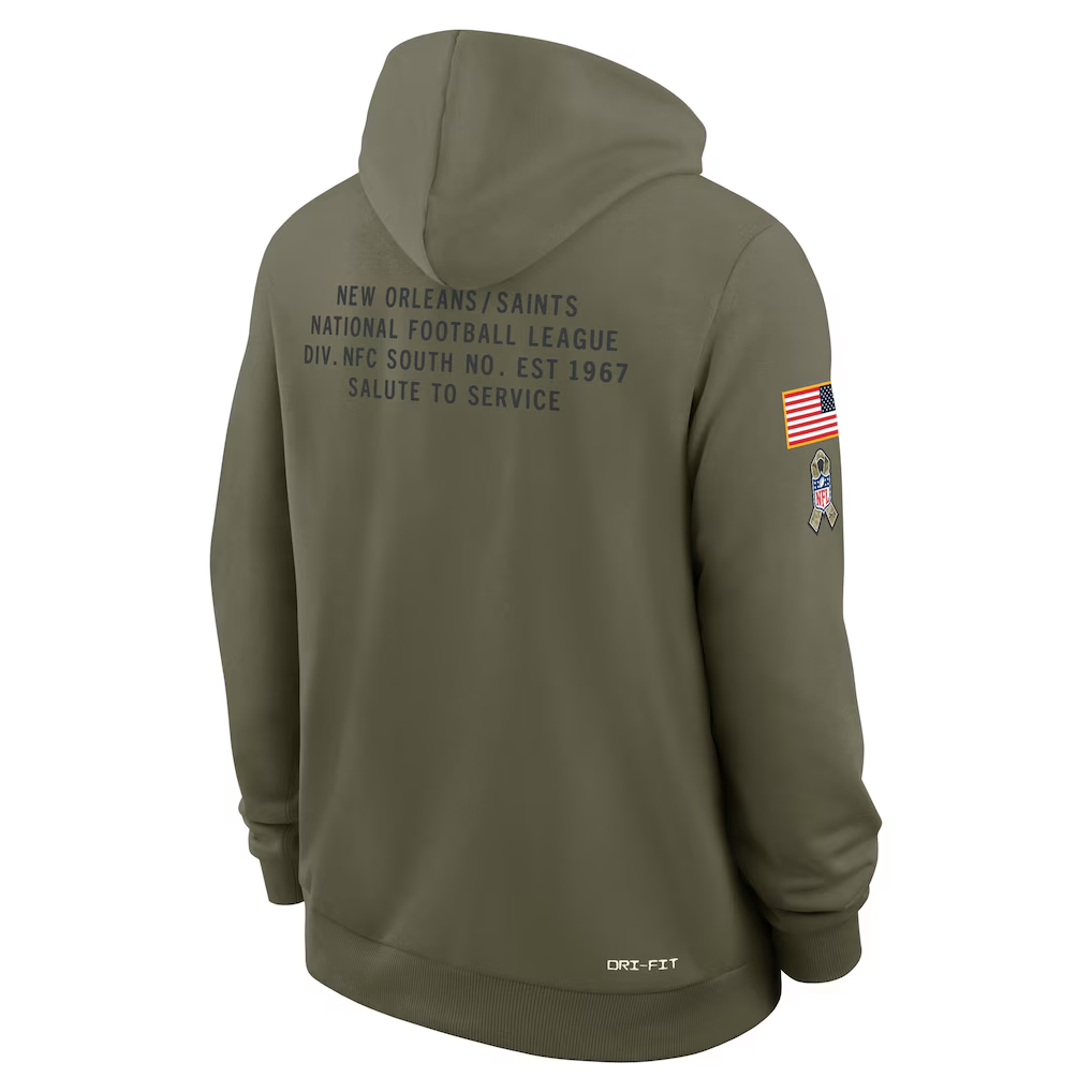 Men's New Orleans Saints Nike Olive 2025 Salute to Service Sideline Standard Issue Dri-FIT Hoodie