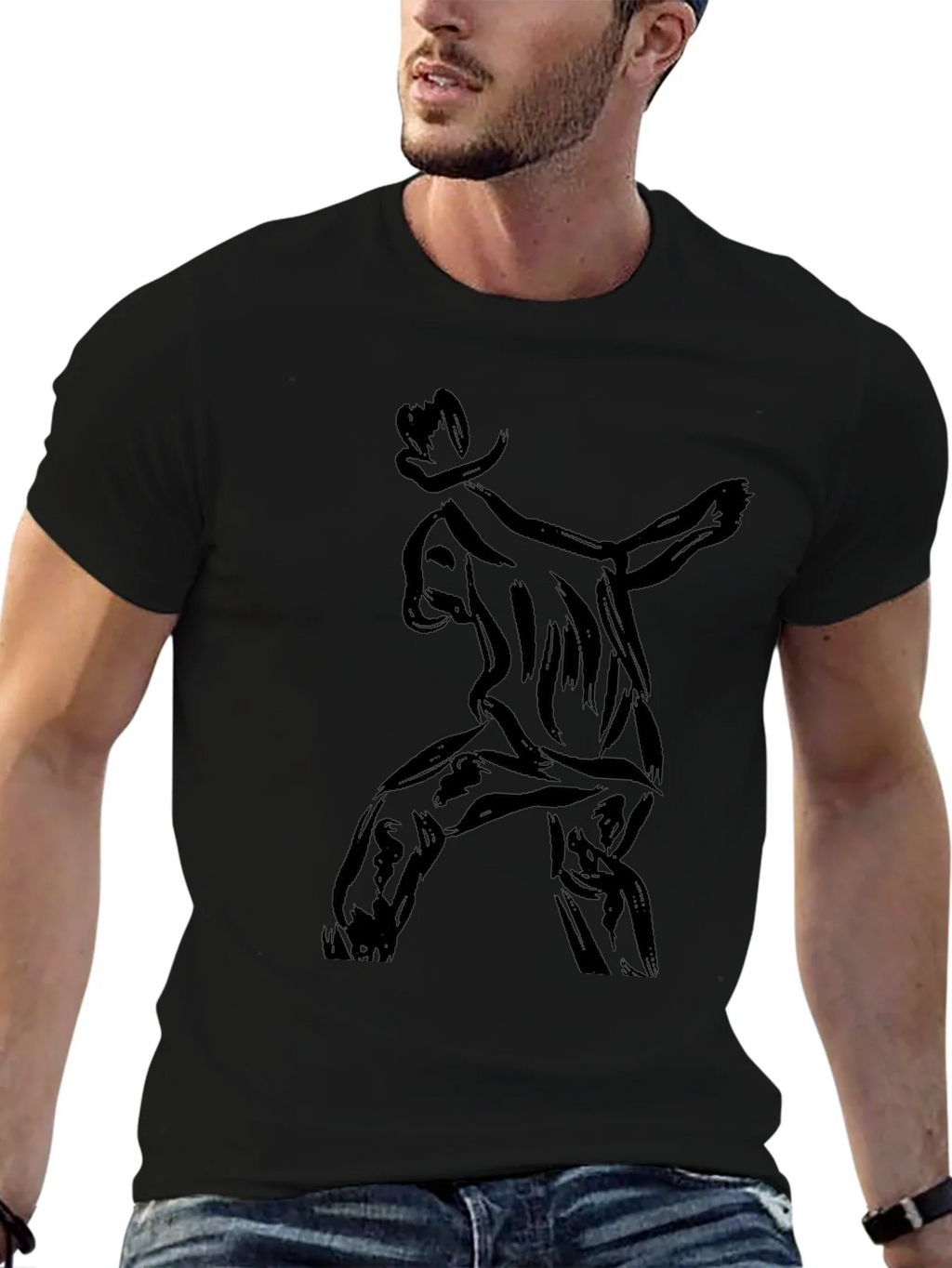 Stylish Black T-Shirt with Abstract Cowboy Print