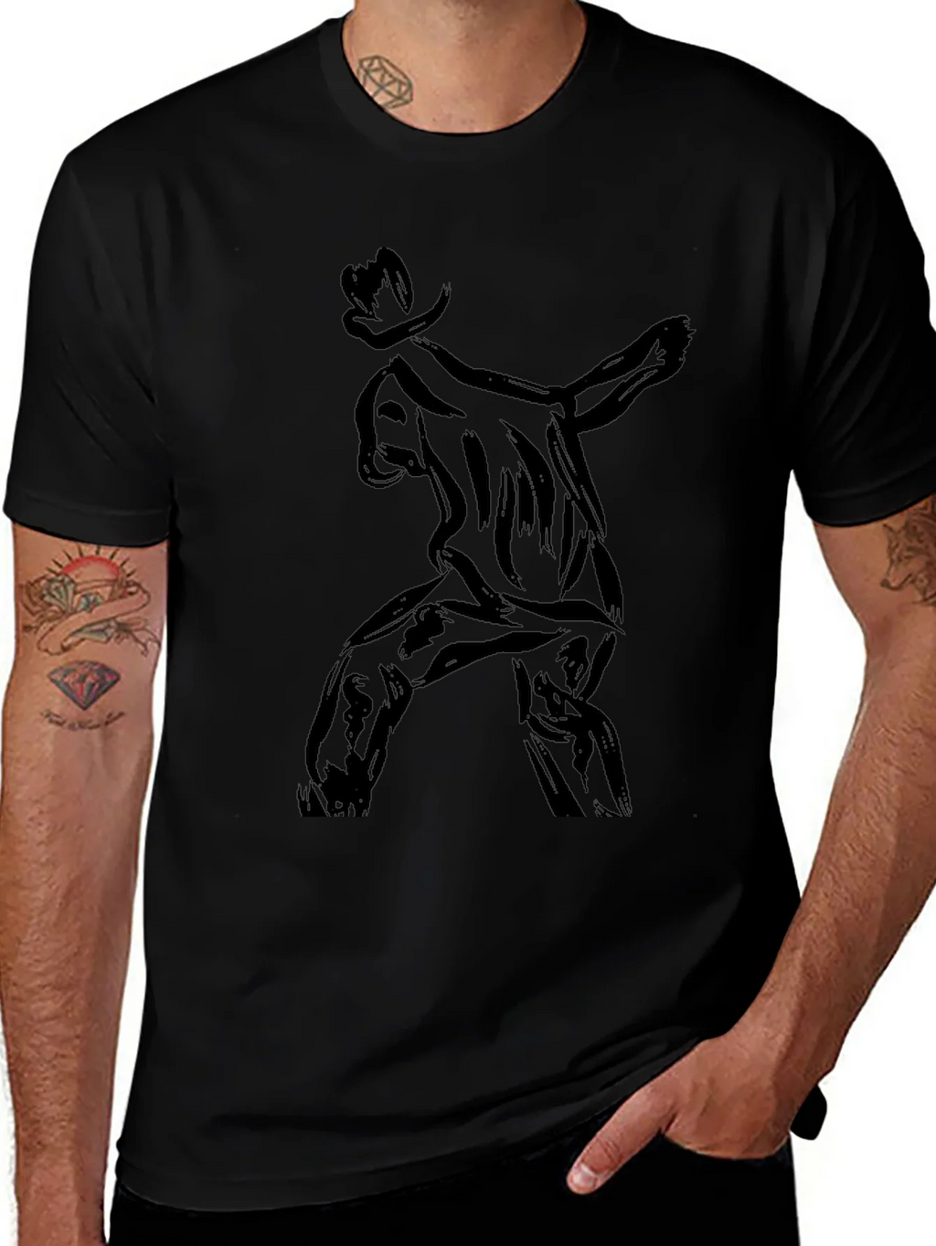 Stylish Black T-Shirt with Abstract Cowboy Print