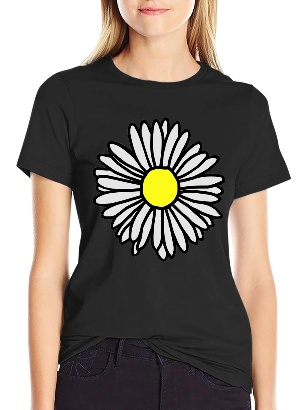 Daisy Flower Graphic Tee - Casual Black T-Shirt