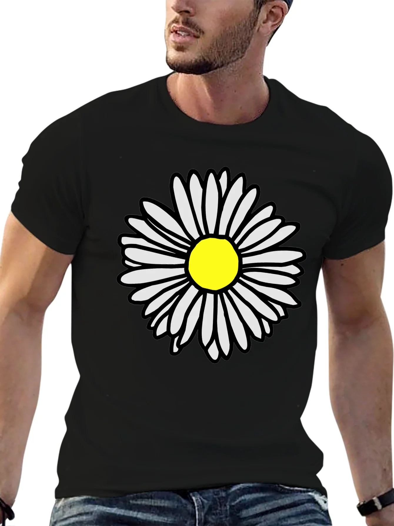 Daisy Flower Graphic Tee - Casual Black T-Shirt